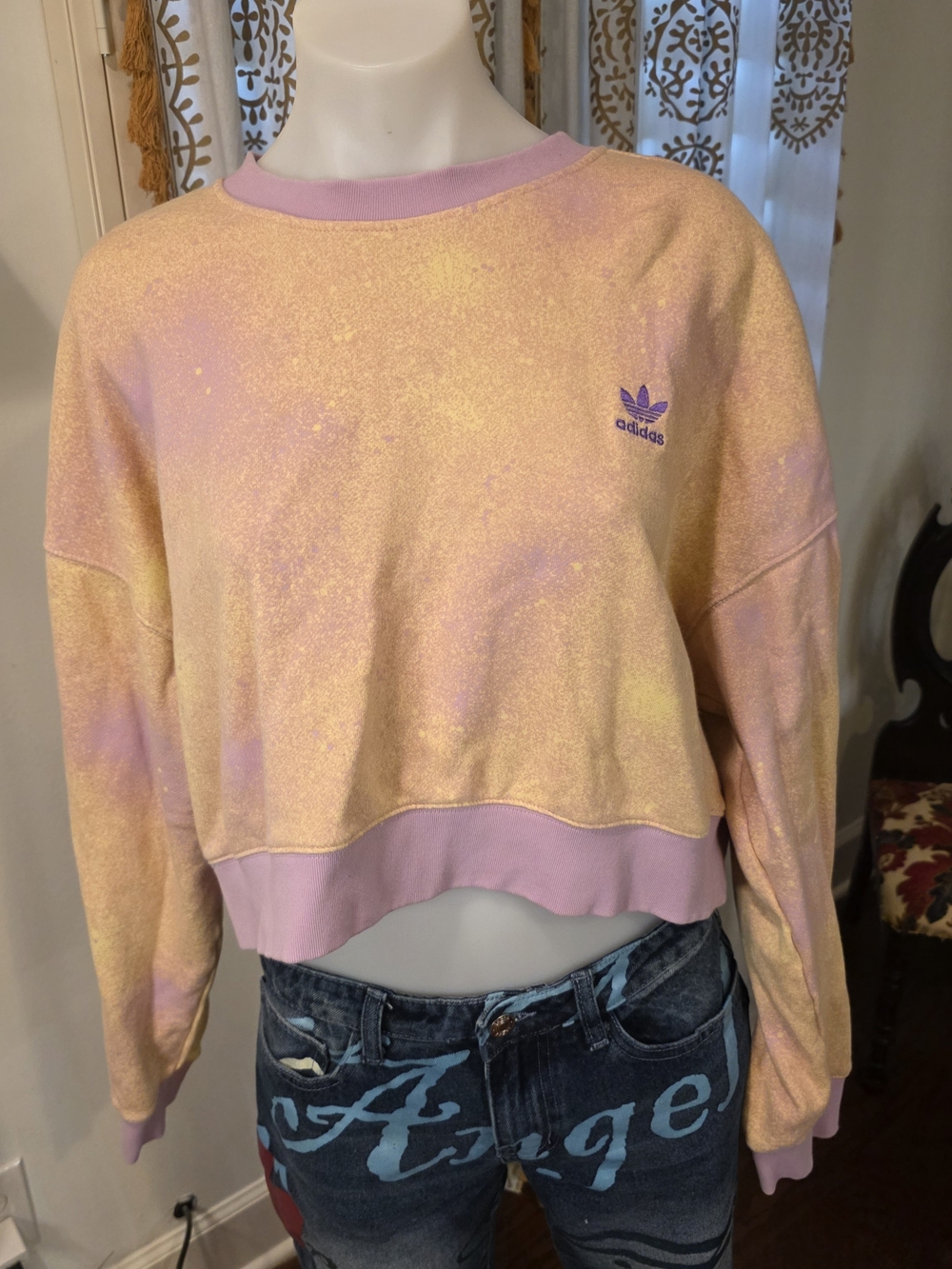 Adidas Women’s Pastel Yellow & Pink Cropped Sweatshirt